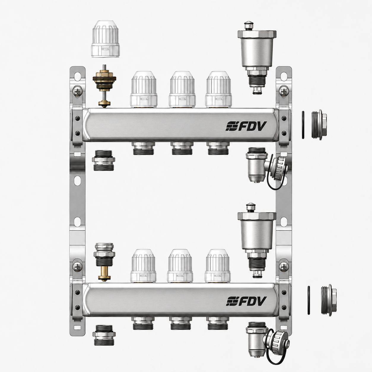 Коллекторная группа для радиаторного отопления FDV 1", 9х 3/4"ЕК с запорно-балансировочными клапанами, автоматическими воздухоотводчиками и дренажными кранами из нержавеющей стали