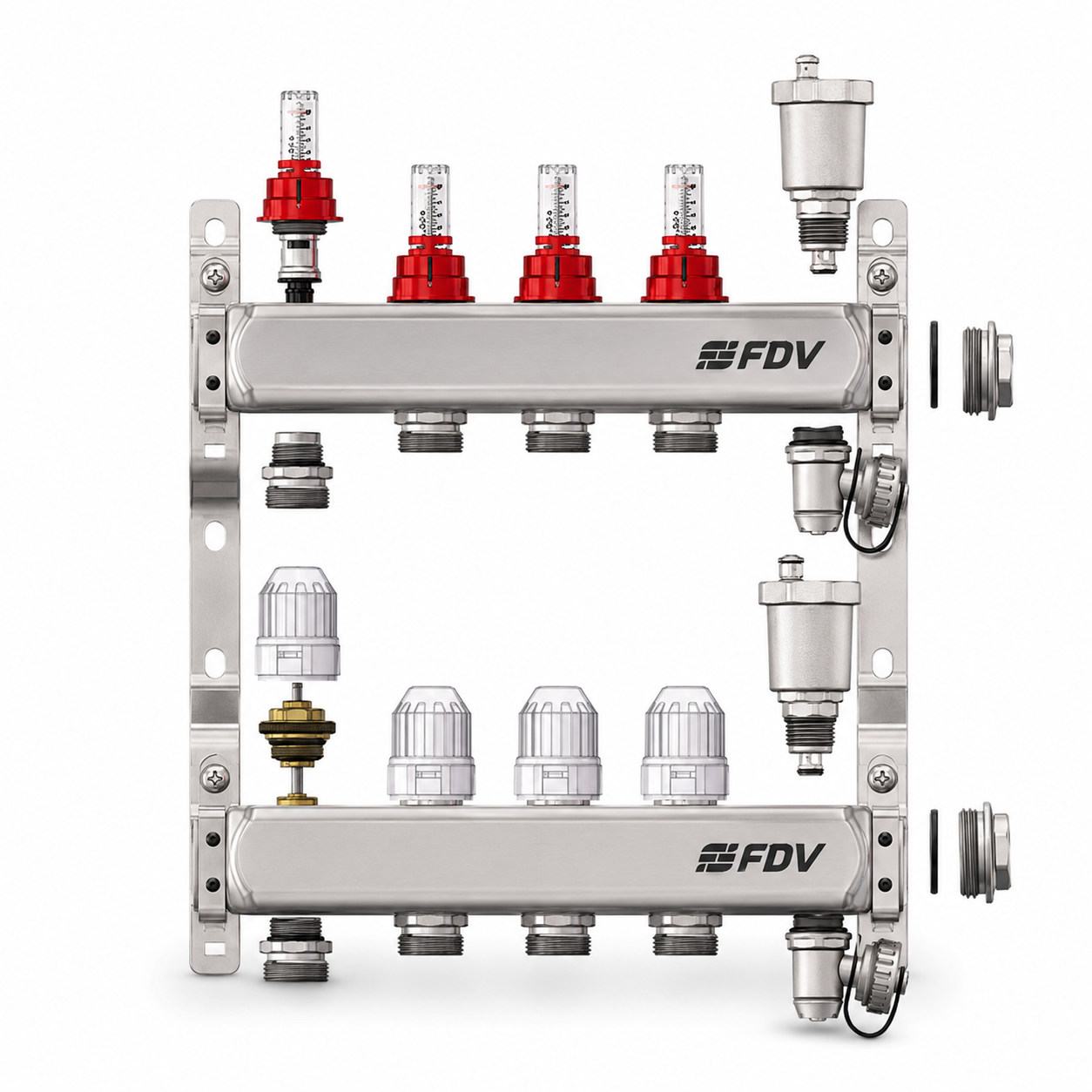 Коллекторная группа для теплого пола FDV 1", 9х 3/4"ЕК с расходомерами, автоматическими воздухоотводчиками и дренажными кранами из нержавеющей стали