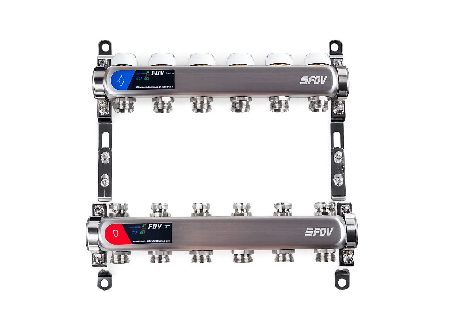 Коллекторная группа для радиаторного отопления FDV 1", 6х 3/4"ЕК с запорно-балансировочными клапанами из нержавеющей стали