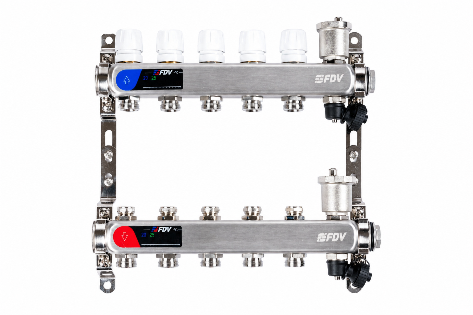 Коллекторная группа для радиаторного отопления FDV 1", 5х 3/4"ЕК с запорно-балансировочными клапанами, автоматическими воздухоотводчиками и дренажными кранами из нержавеющей стали