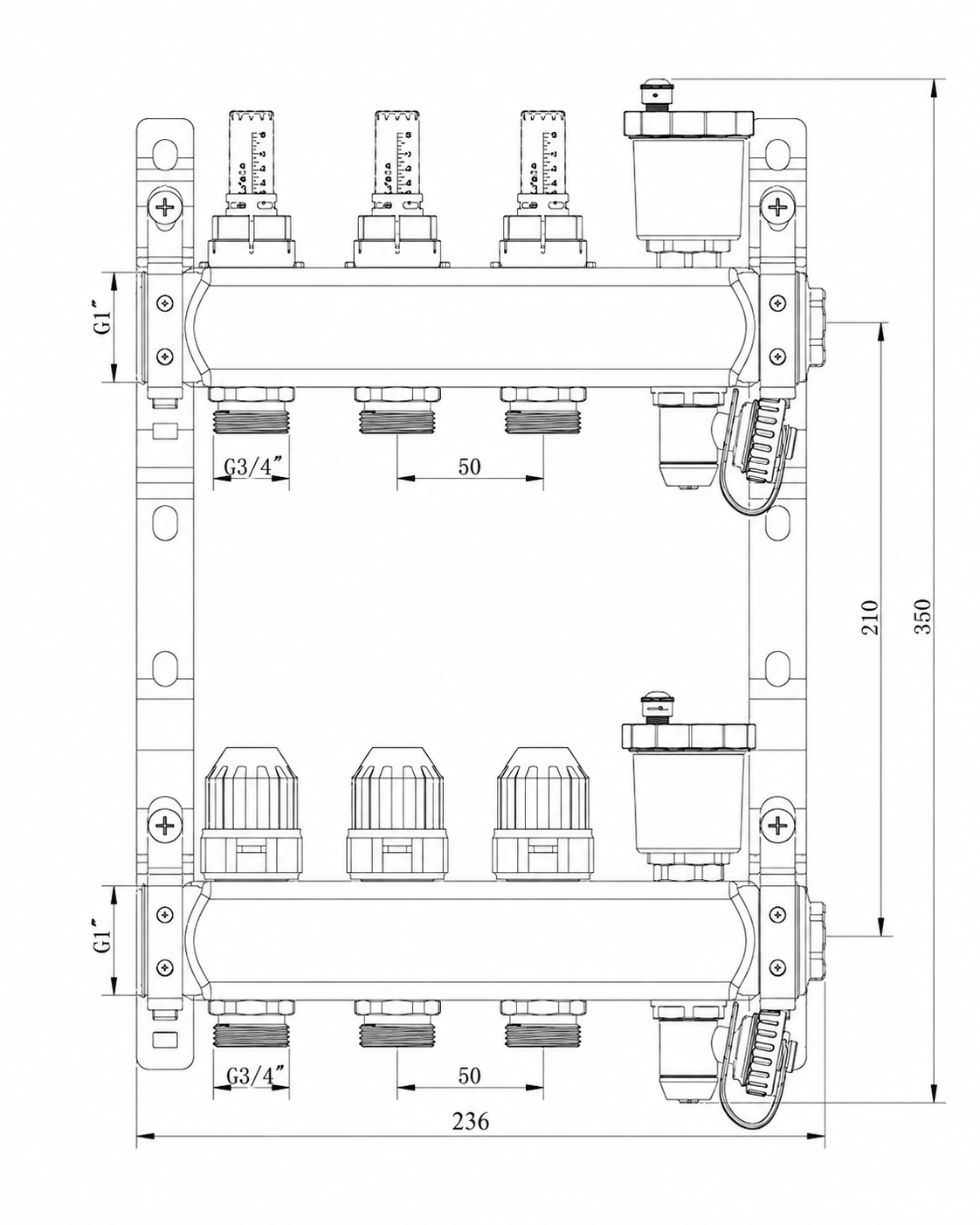 Коллекторная группа для теплого пола FDV 1", 3х 3/4"ЕК с расходомерами, автоматическими воздухоотводчиками и дренажными кранами из нержавеющей стали
